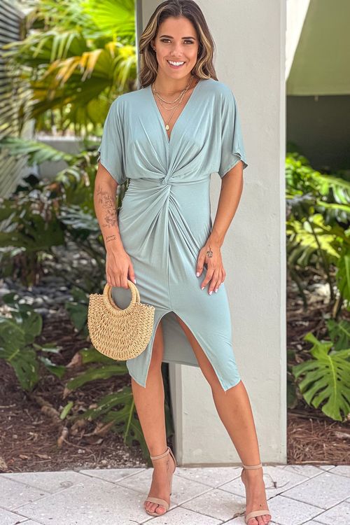 Sage V-Neck Dress With Twisted Waist