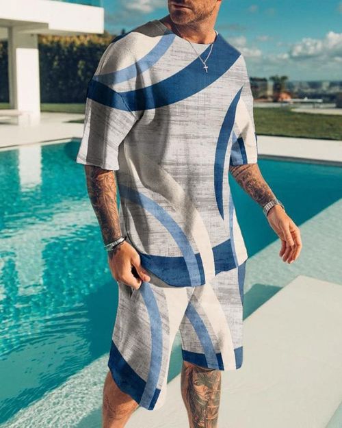 Men's Fashion Blue Abstract Printed Casual Shorts Suit