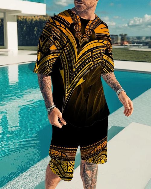 Simple Fashion Men's Yellow Print Short Suit