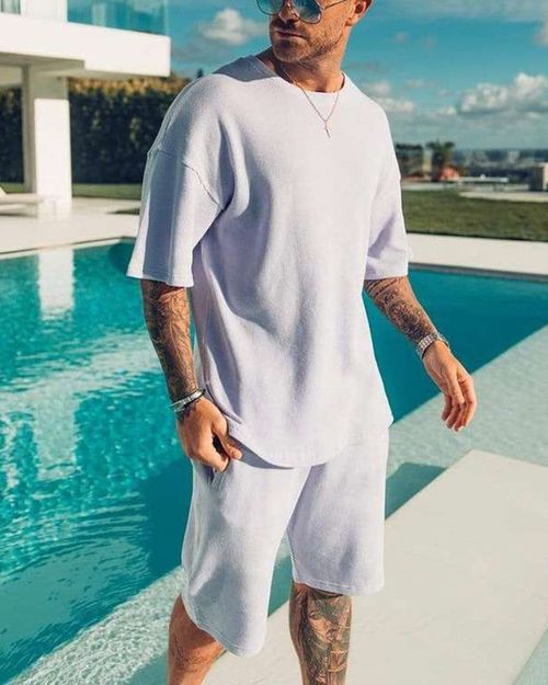 Men's Casual White Loose Short Sleeve T-shirt Shorts Sports Suit