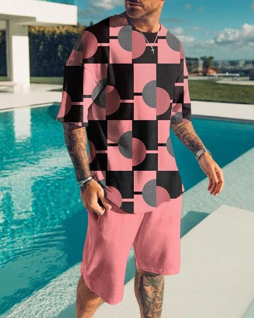 Textured Men's Pink Geometric Contrast Print Suit