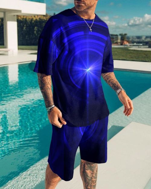 Casual Art Blue Moon Print Short Sleeve T-Shirt Short Suit