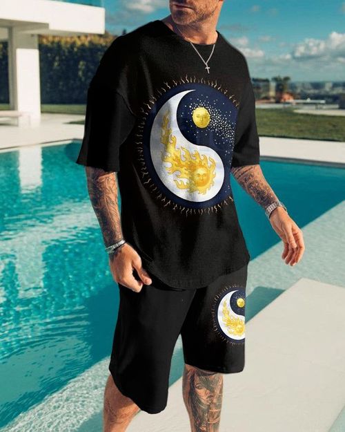 Casual Art Art Sun Moon Print Short Sleeve T-Shirt Short Black Suit