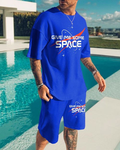 Casual Text Art Print Short Sleeve T-Shirt Short Suit