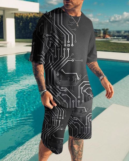 Casual Art Mechanical Print Short Sleeve T-Shirt Short Suit