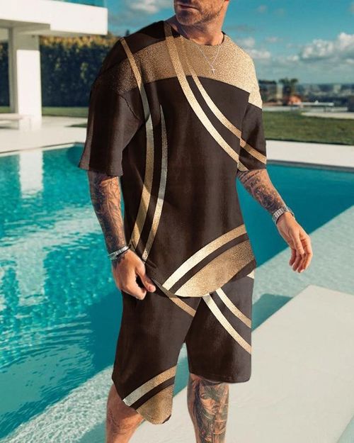 Men's Fashion Brown Abstract Printed Casual Shorts Suit