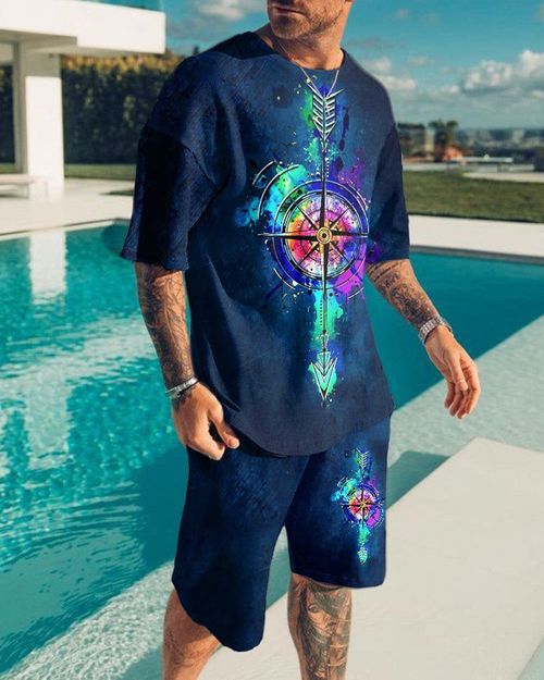 Casual Art Print Short Sleeve T-Shirt Short Suit