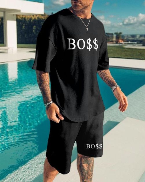 Men's Casual "BO$$" Print Short Sleeve Suits