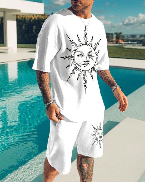 Casual Art Art Sun Moon Print Short Sleeve T-Shirt Short Suit