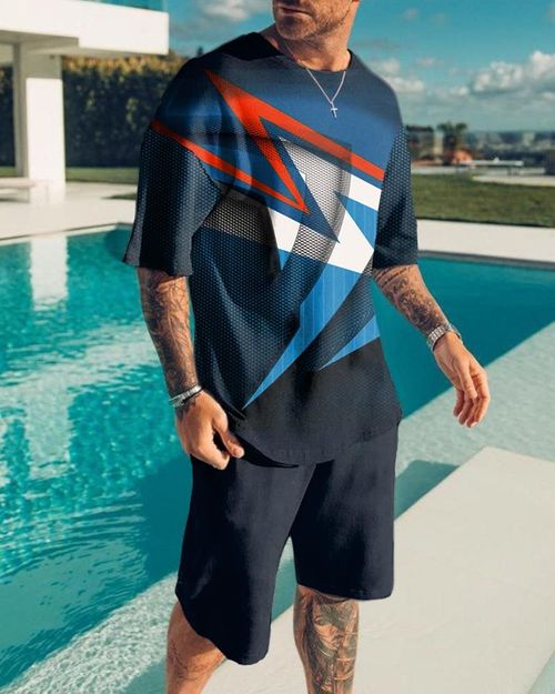 Casual Art Blue Contrasting Print Short Sleeve T-Shirt Short Suit