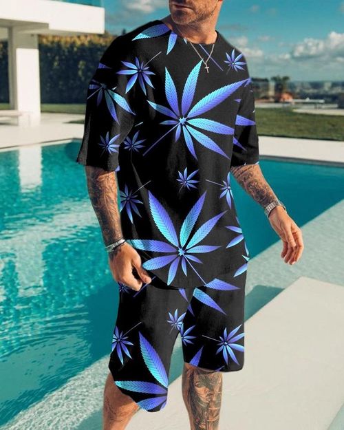 Casual Art Blue Leaves Print Short Sleeve T-Shirt Short Suit