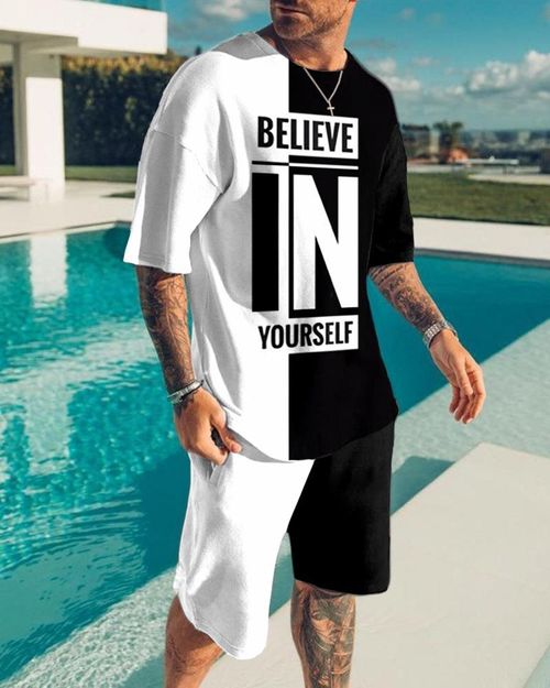 Men's letter stitching casual sports short-sleeved suit