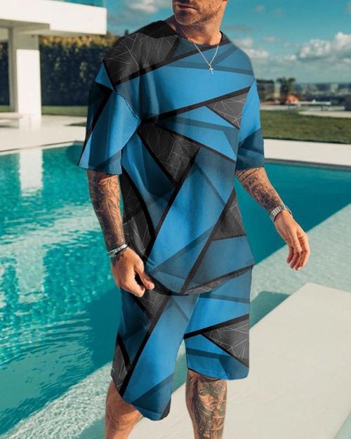 Casual Art Contrasting Geometric Blue Print Short Sleeve T-Shirt Short Suit