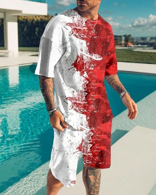 Casual Art Red Contrasting Print Short Sleeve T-Shirt Short Suit