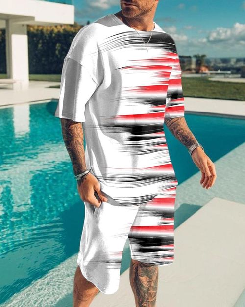 Casual Art Contrasting Red and Black Print Short Sleeve T-Shirt Short Suit