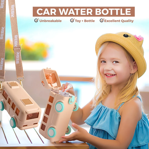 Trendy Kids bus Plastic Water Bottle With Strap & Straw, 500ml Capacity