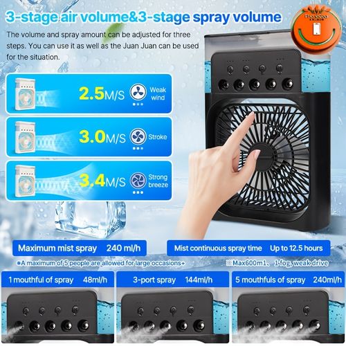 Portable USB Air Cooler Fan with 3 Nozzle Humidifier and RGB Night Light