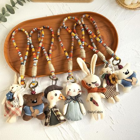 DailyCabin Vintage Cute Fabric Plush with Colorful Woven Stretch Lanyard Multi-Style Duck Rabbit Bear Cat Adorable Handbag Purse Charms for Women Bag Backpack Car Key Accessories Decor Hanging Crochet Keychain  toy