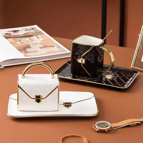 Bag - Style Mug & Saucer Set - Ideal for Coffee, Breakfast & Dessert Serving