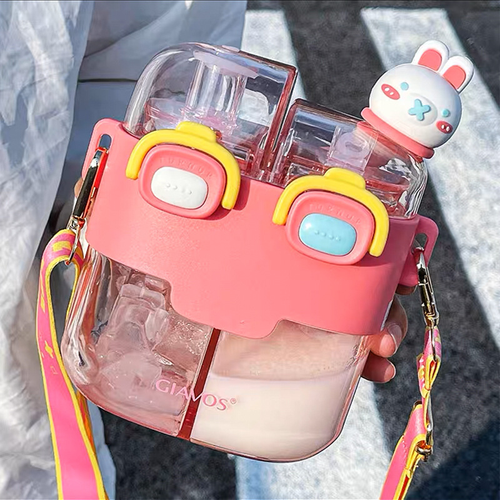 Cute Cartoon Double - Straw Kids Cup - Portable Plastic Water Bottle
