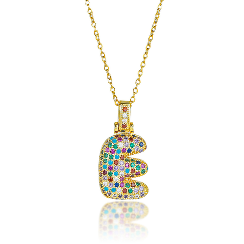 Hip Hop Fashion Collection Rainbow Color CZ Letter Pendant Necklace Gold Copper Micro Zircon A-Z Alphabets Jewelry for Women