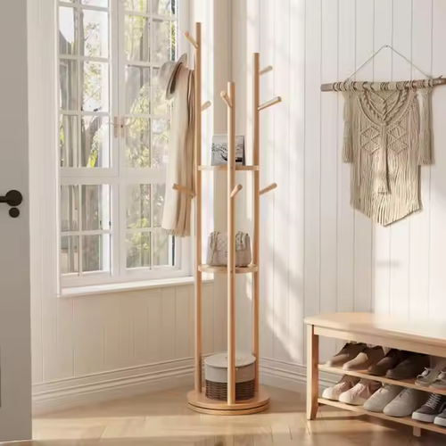 Solid Wood Standing Coat Rack - Rotating Hanger for Living Room & Bedroom Use