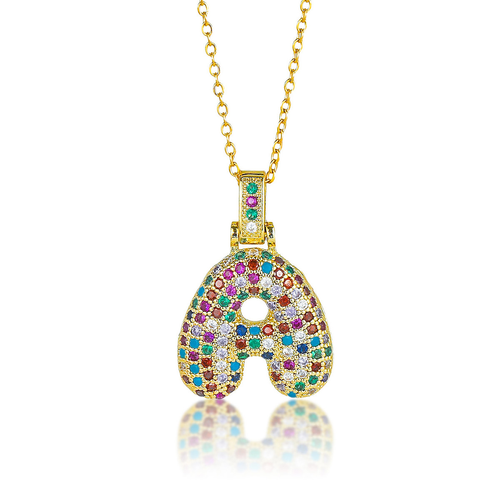 Hip Hop Fashion Collection Rainbow Color CZ Letter Pendant Necklace Gold Copper Micro Zircon A-Z Alphabets Jewelry for Women