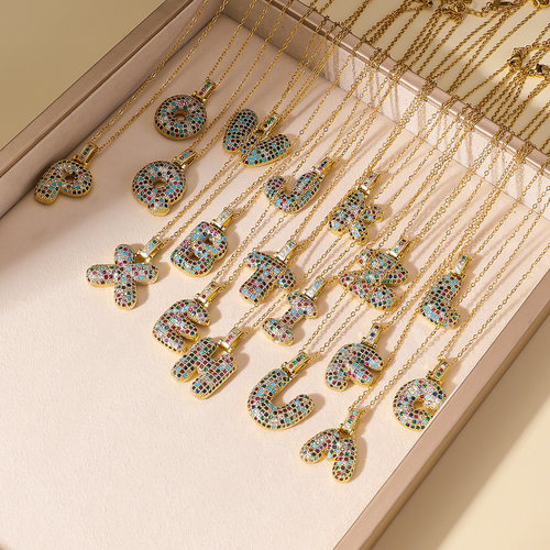 Hip Hop Fashion Collection Rainbow Color CZ Letter Pendant Necklace Gold Copper Micro Zircon A-Z Alphabets Jewelry for Women