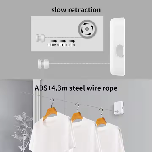 No - Drill Wall - Mounted Retractable Clothesline - 4.3m Steel String, ABS Case for Home - Hotels