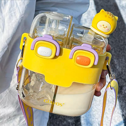 Cute Cartoon Double - Straw Kids Cup - Portable Plastic Water Bottle