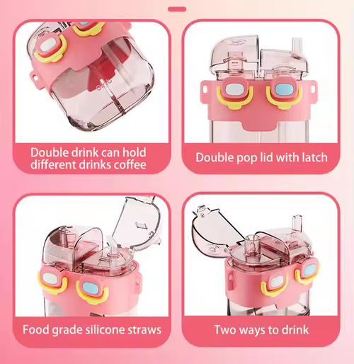 Cute Cartoon Double - Straw Kids Cup - Portable Plastic Water Bottle