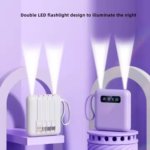 Portable Square Power Bank with Built - in 4 Cables & Digital Screen, Dual LED Flashlight