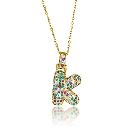 Hip Hop Fashion Collection Rainbow Color CZ Letter Pendant Necklace Gold Copper Micro Zircon A-Z Alphabets Jewelry for Women