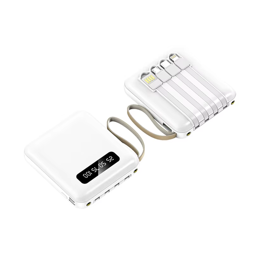 Portable Square Power Bank with Built - in 4 Cables & Digital Screen, Dual LED Flashlight