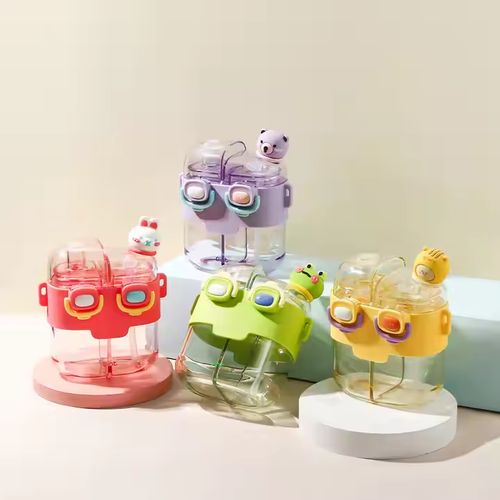 Cute Cartoon Double - Straw Kids Cup - Portable Plastic Water Bottle