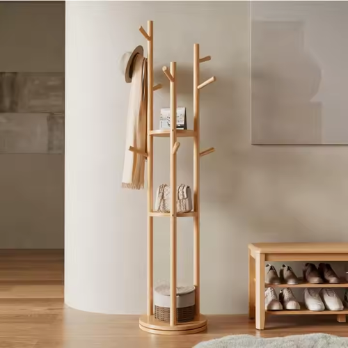 Solid Wood Standing Coat Rack - Rotating Hanger for Living Room & Bedroom Use