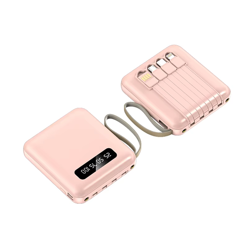 Portable Square Power Bank with Built - in 4 Cables & Digital Screen, Dual LED Flashlight