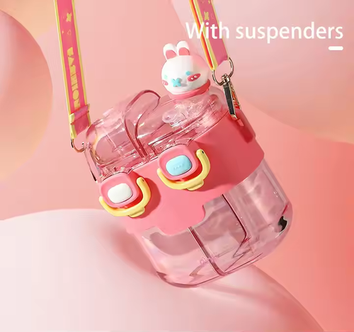 Cute Cartoon Double - Straw Kids Cup - Portable Plastic Water Bottle