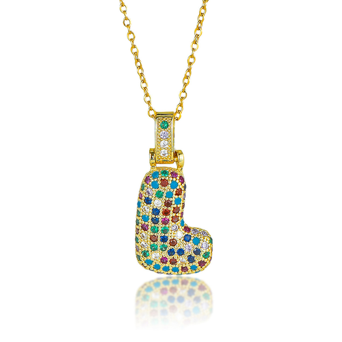 Hip Hop Fashion Collection Rainbow Color CZ Letter Pendant Necklace Gold Copper Micro Zircon A-Z Alphabets Jewelry for Women