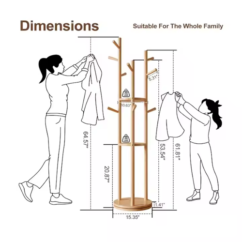 Solid Wood Standing Coat Rack - Rotating Hanger for Living Room & Bedroom Use