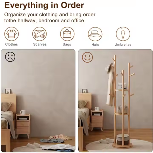Solid Wood Standing Coat Rack - Rotating Hanger for Living Room & Bedroom Use