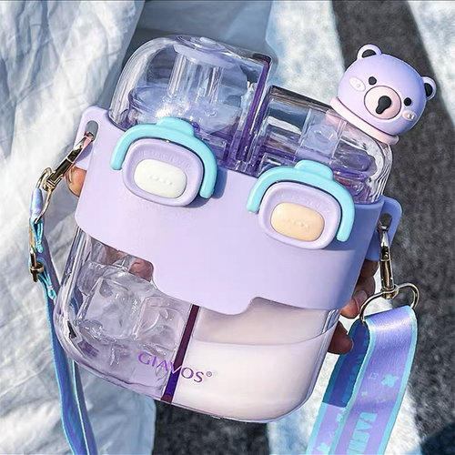 Cute Cartoon Double - Straw Kids Cup - Portable Plastic Water Bottle