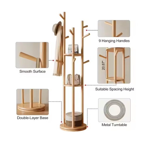 Solid Wood Standing Coat Rack - Rotating Hanger for Living Room & Bedroom Use