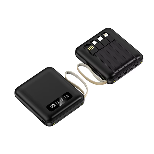 Portable Square Power Bank with Built - in 4 Cables & Digital Screen, Dual LED Flashlight