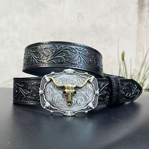 Western Cowboy-Style Men's Leather Belt — Vintage Embossed Bull Head Design, American-Style Trendy Jeans Waistband