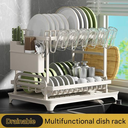 Two-tier kitchen storage rack and dish drying rack