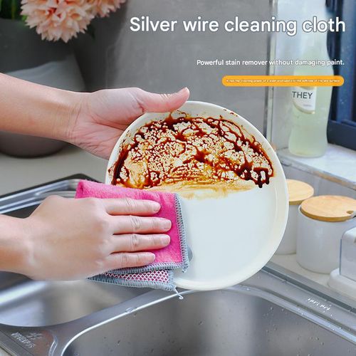 Double-Sided Silver-Thread Loofah Dishcloth — Non-Greasy, Highly Absorbent, and Extra-Thick — Steel Wire & Coconut Husk Kitchen Cleaning Rag (Specially Designed for Dishwashing)