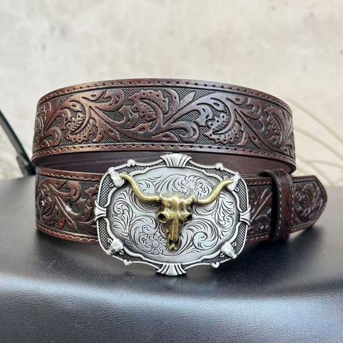 Western Cowboy-Style Men's Leather Belt — Vintage Embossed Bull Head Design, American-Style Trendy Jeans Waistband