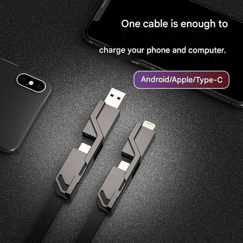 4-in-1 Super Fast Charging Cable  USBAndroid PD 66W Charging, Lightning Data, and Dual Type-C Connectors
