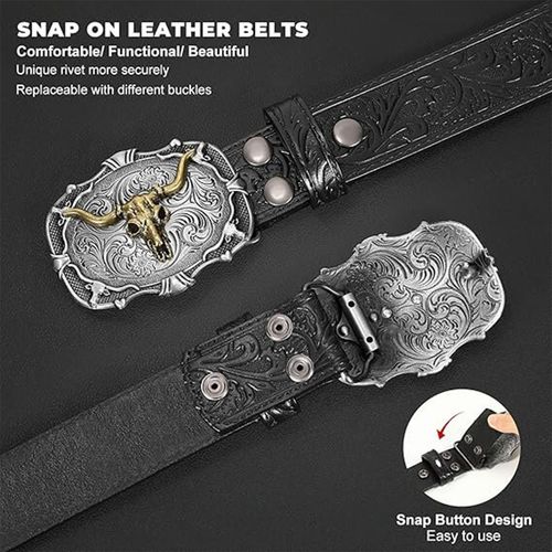 Western Cowboy-Style Men's Leather Belt — Vintage Embossed Bull Head Design, American-Style Trendy Jeans Waistband